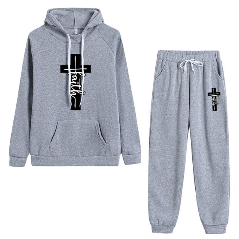 Jesus Crucifix Faith Printed Pant Sets Women Hoodie Sweatpants Solid Color Tracksuit Ladies Daily Casual Sport Jogging Suit