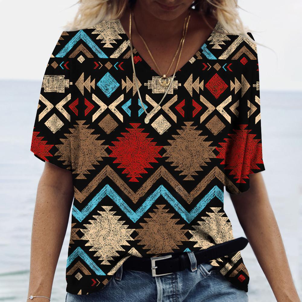 Летние футболки с 3D принтом в этническом стиле, женская модная винтажная уличная футболка с коротким рукавом и v-образным вырезом, футболки, топы, женская одежда