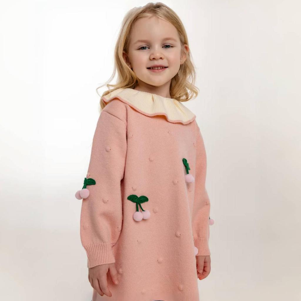Girls' Knitted Cherry Dress – Long Sleeve Warm Sweater Dress with Ruffled Collar