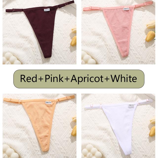 FINETOO 4Pcs Women Cotton Thongs Adjustable Low Waist Underpants Sexy Female G-string Seamless Bikini Panties Underwear Lingerie