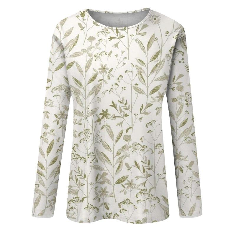 Женская мода повседневная с длинным рукавом цветочный принт круглый вырез пуловер топ блузка футболки женские