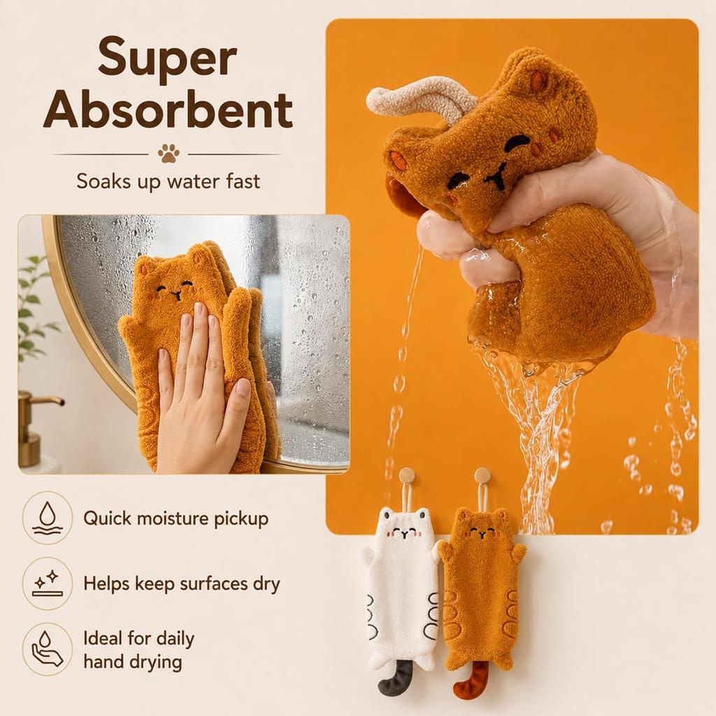 2-Pack Cute Cartoon Cat Coral Fleece Hanging Towels - Ultra Soft, Quick-Dry | for Kitchen & Bathroom Hand Towels with Loop | Adorable White & Yellow