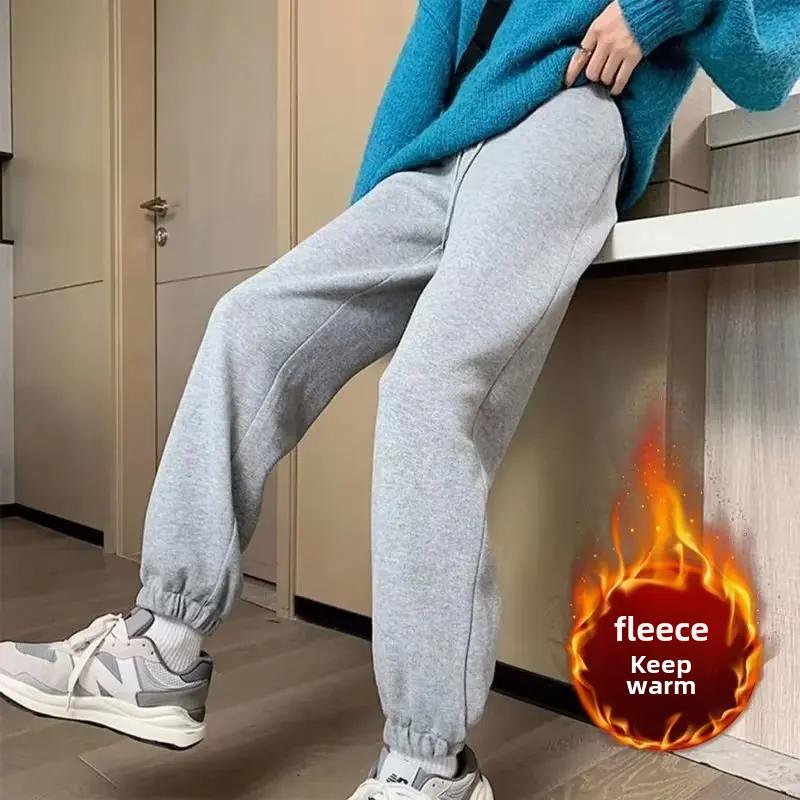 Утолщенные женские спортивные брюки с флисовой подкладкой, с высокой талией, свободного кроя, утягивающие, повседневные, универсальные, осень/зима