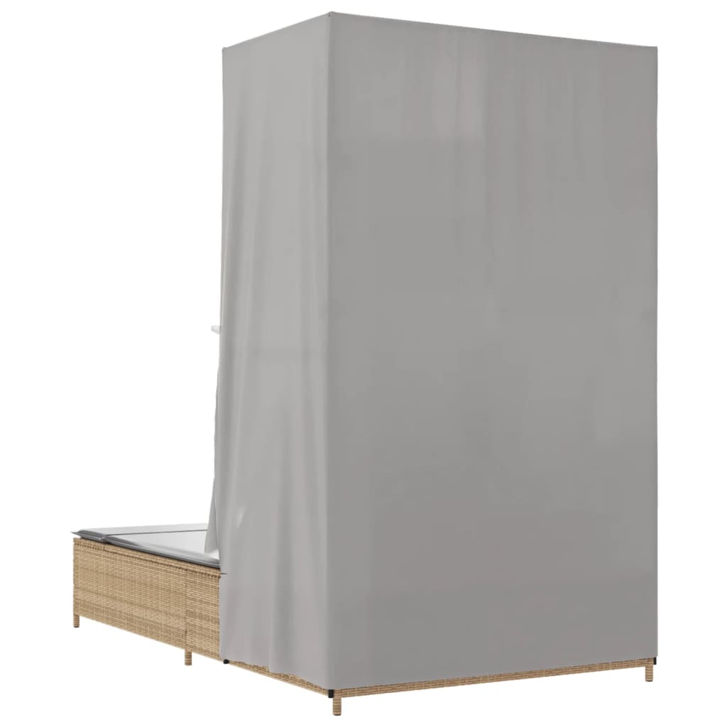 Double Sun Lounger with Canopy and Curtains Beige Poly Rattan
