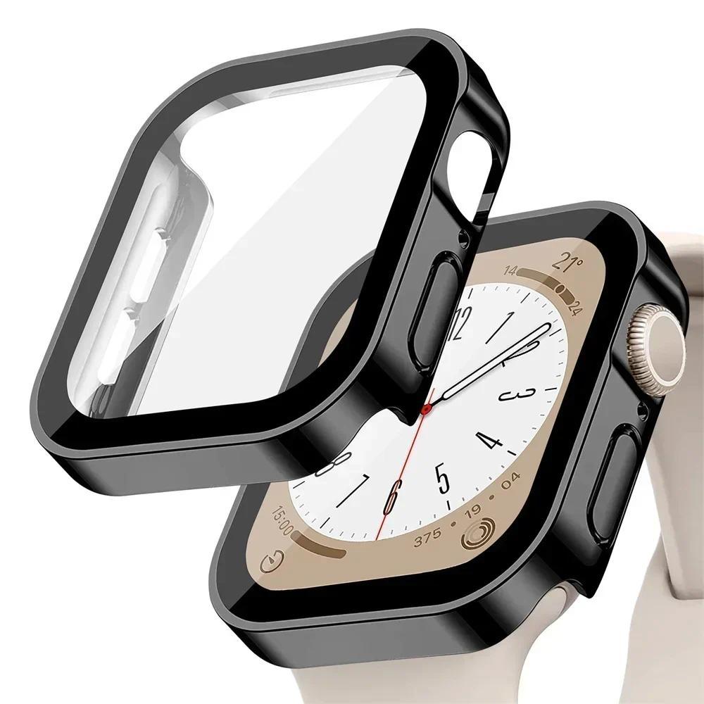 Стекло+Чехол для Apple Watch 42 46мм 45мм 41мм 49мм 44мм 40мм с прямой кромкой Защитная крышка экрана Чехол iWatch SE 6 7 8 9 10 Ultra