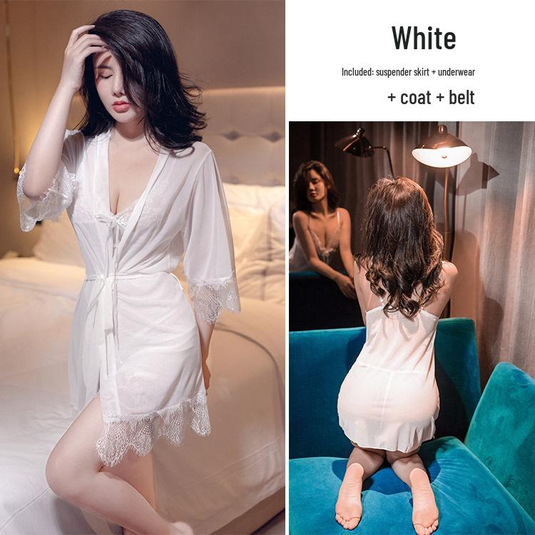 Комплект кружевного нижнего белья большого размера из 3 предметов: Сексуальная летняя ночная сорочка-майка из прозрачного ледяного шелка.