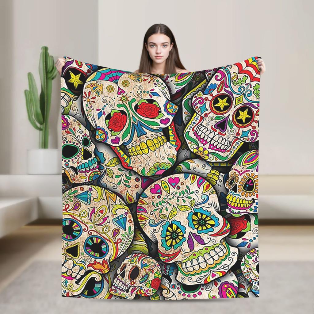 Sugar Skull Day of the Dead Blankets Gothic Mexican Skeleton Halloween Flannel Funny Warm Throw Blankets for Home Spring/Autumn