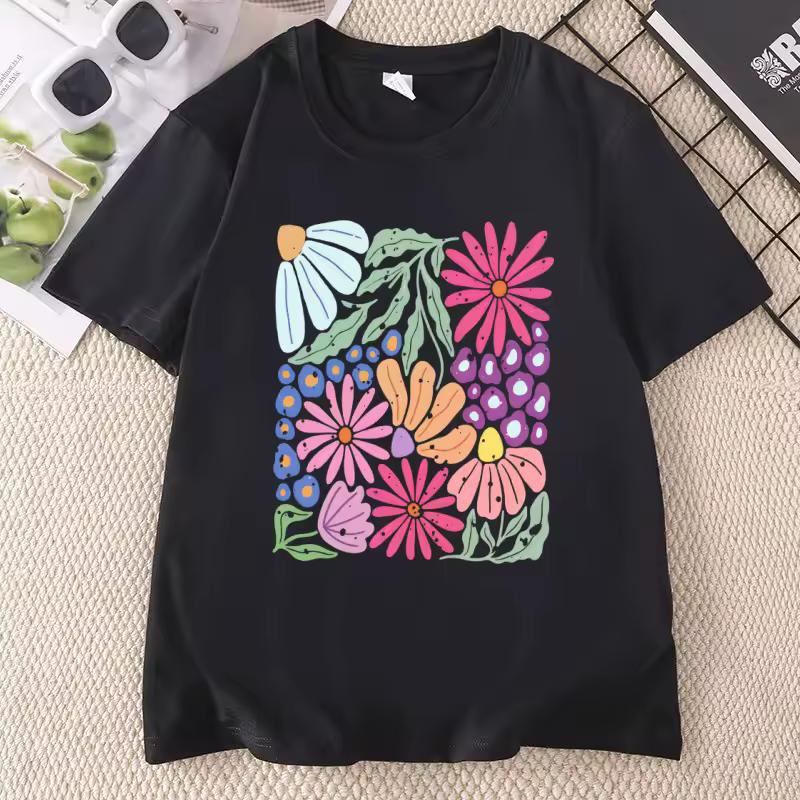 Trendy Boho Floral T-Shirt Soft Flower Graphic Tshirt Cute Spring Garden Botanical Top Summer Short Sleeve Women's Clothing