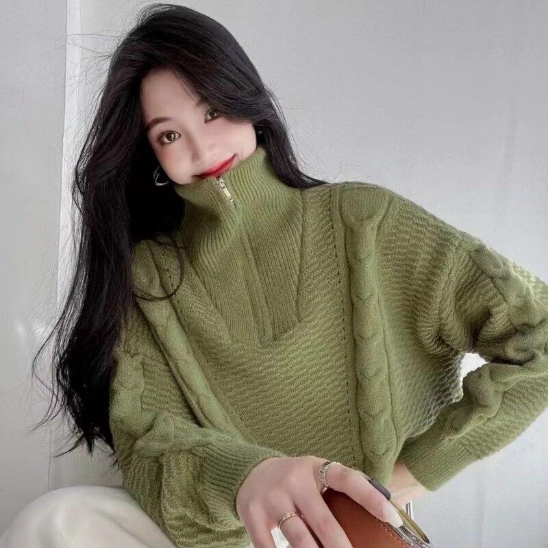Pullover Knitwear Women 2022 Autumn And Winter Lantern Long Sleeve Zipper Solid Casual High Neck Pullover Sweater Women Tops
