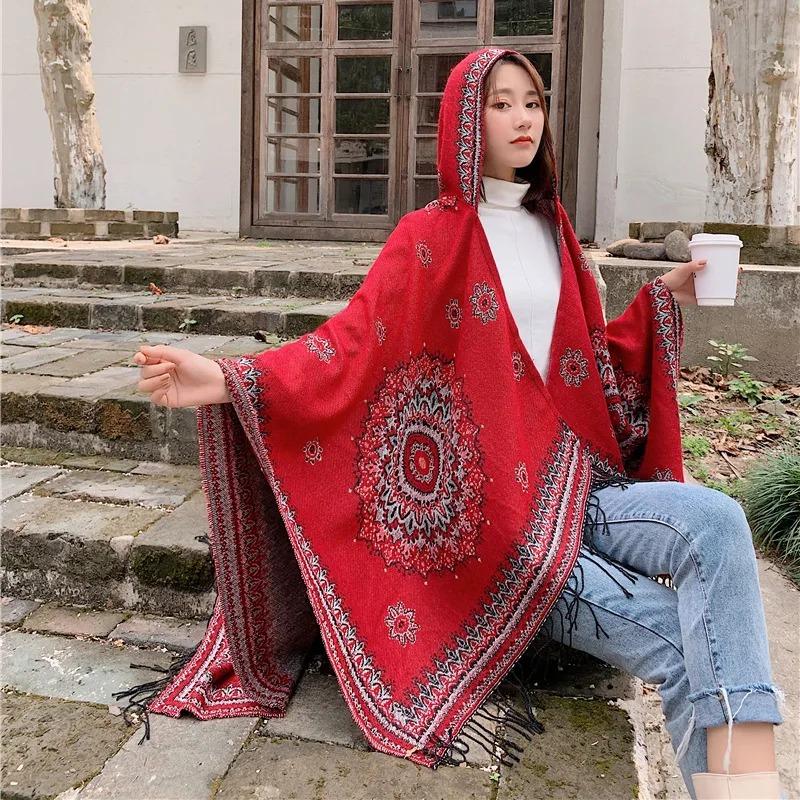 21 Style Big Pendulum Cloak With Hat Arabic Poncho Women Leopard Pocket Shawl Cape Knitted Middle East Split Thick Warm Blanket