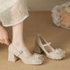 Mary Jane Shoes Girl 2025 New Square Head One-word Bow Single Shoes Pearl Versatile Fairy Style High Heels
