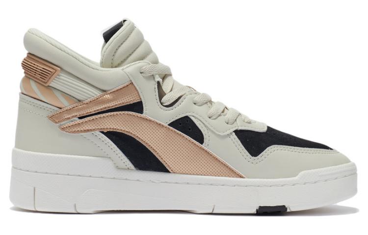 Li Ning Wave Suprewave Mid Slip Resistant Abrasion Resistant High top Skateboard Shoes Women's White Black Gold AGCR234-2