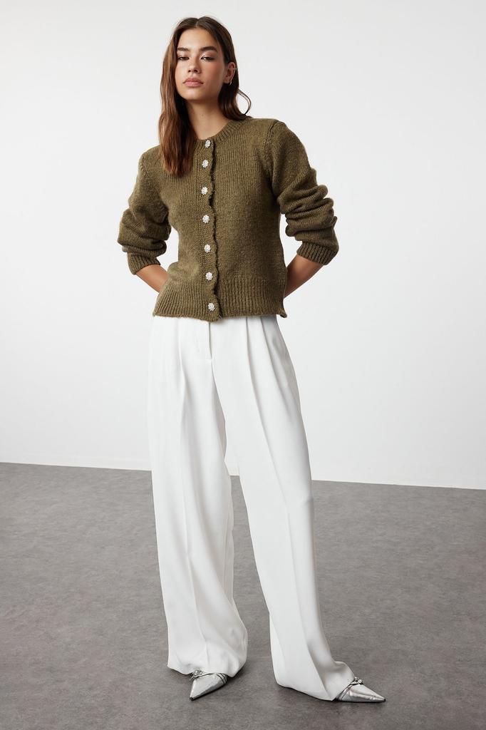 Women's Elegance Style Cardigan Stone Soft Textured Jewel Buttoned Jacket Look Knitwear Cardigan