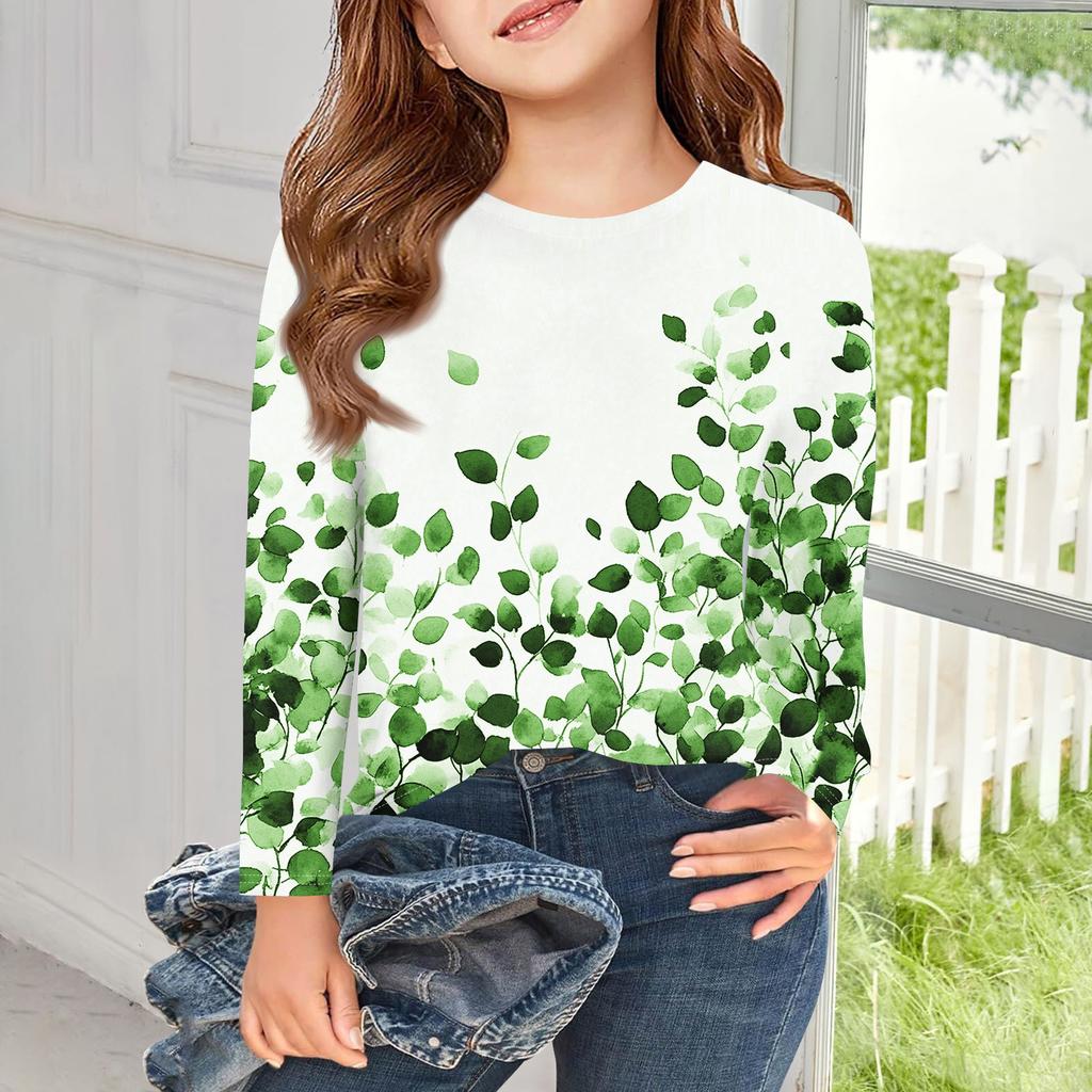 Футболки с длинным рукавом для девочек, детские осенние топы с круглым вырезом и принтом, базовые футболки для детей 5–14 лет