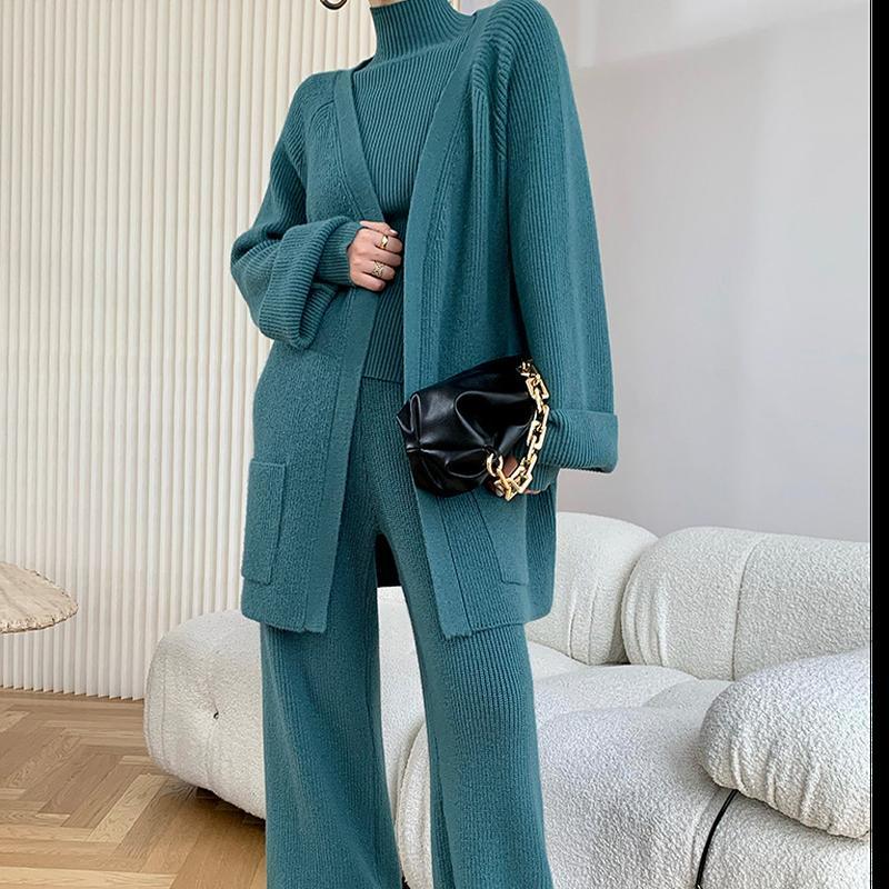 Женский весенне-осенний и зимний повседневный комплект из трикотажных брюк, однотонное утепленное пальто + широкие брюки, комплект из трех предметов