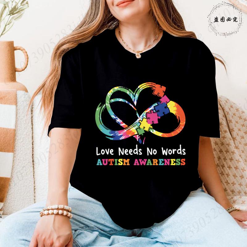 Autism Awareness Women Top Love Needs No Words Puzzle Graphic Tshirts O Neck Short Sleeve Summer Oversized FeUnisex Clothes