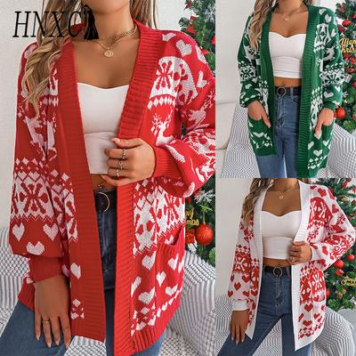 Осень Зима Рождество Олень Карман Кардиган Свитер Пальто Женская Одежда