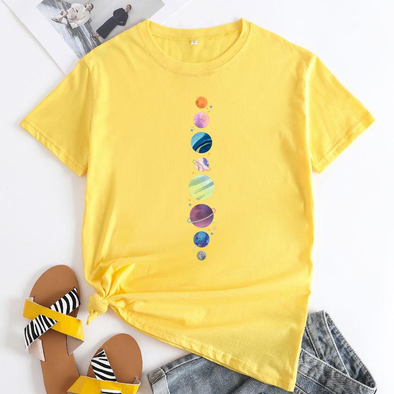 Летние женские футболки больших размеров с принтом планеты из чистого хлопка, свободные, с круглым вырезом и короткими рукавами, женские