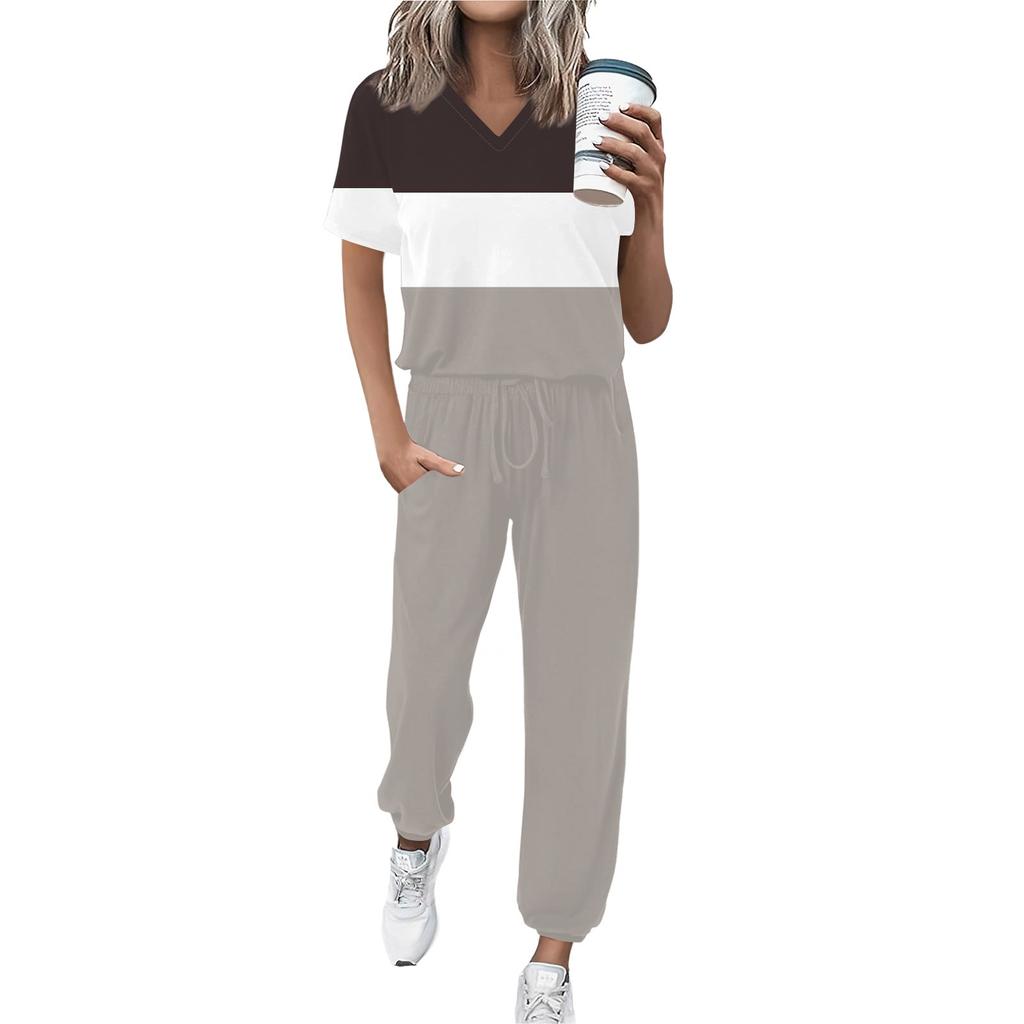Женский спортивный костюм с V-образным вырезом и коротким рукавом, свободные брюки