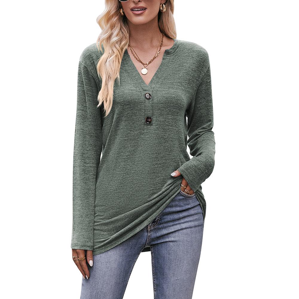 Autumn Women's Casual V-Neck Buttoned Milled Blouse Long Sleeve Top