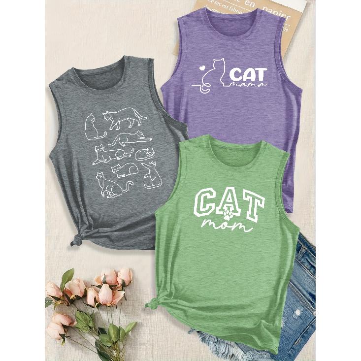 Simple lines, heart-shaped kitty, English letter series, sister outfit with printed pattern, round neck3Sleeveless vest spring/summer women's top