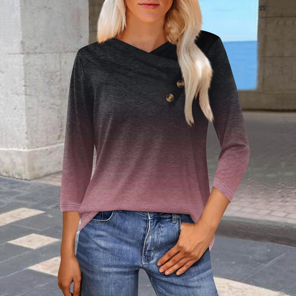 Женская модная повседневная футболка с принтом в виде градиента, рукавами-семиточками, V-образным вырезом и застежкой на пуговицы
