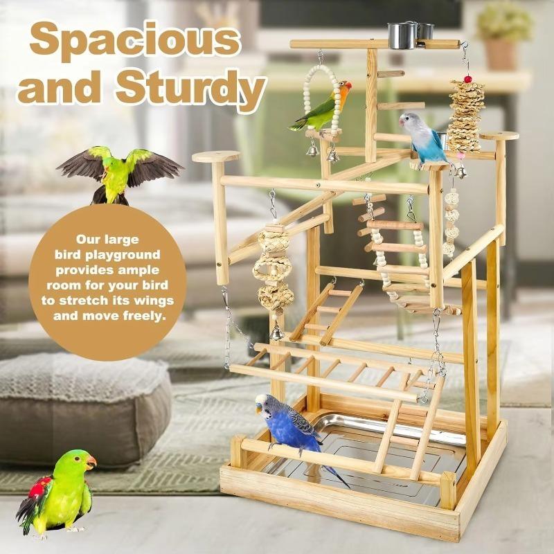 Natural Wooden Parrot Play Gym Stand with Ladders Swings & Stainless Steel Feeding Cups Multi-Level Bird Activity Playground