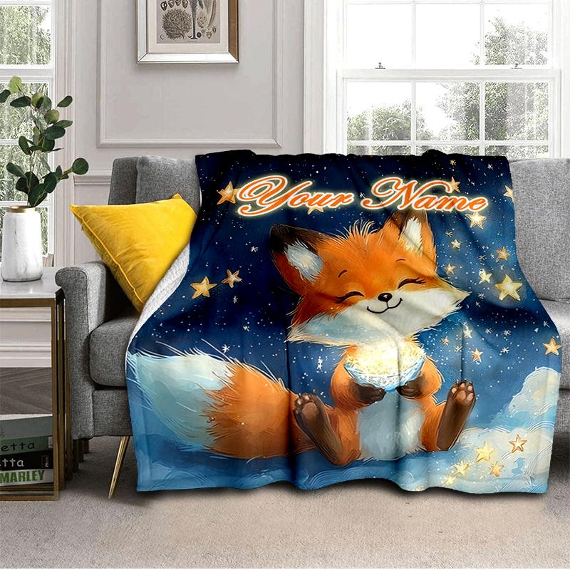 1PC Custom Name Fox Stars flannel blanket versatile,all-season throw suitable for the living room,bedroom,camping,travel,and gift