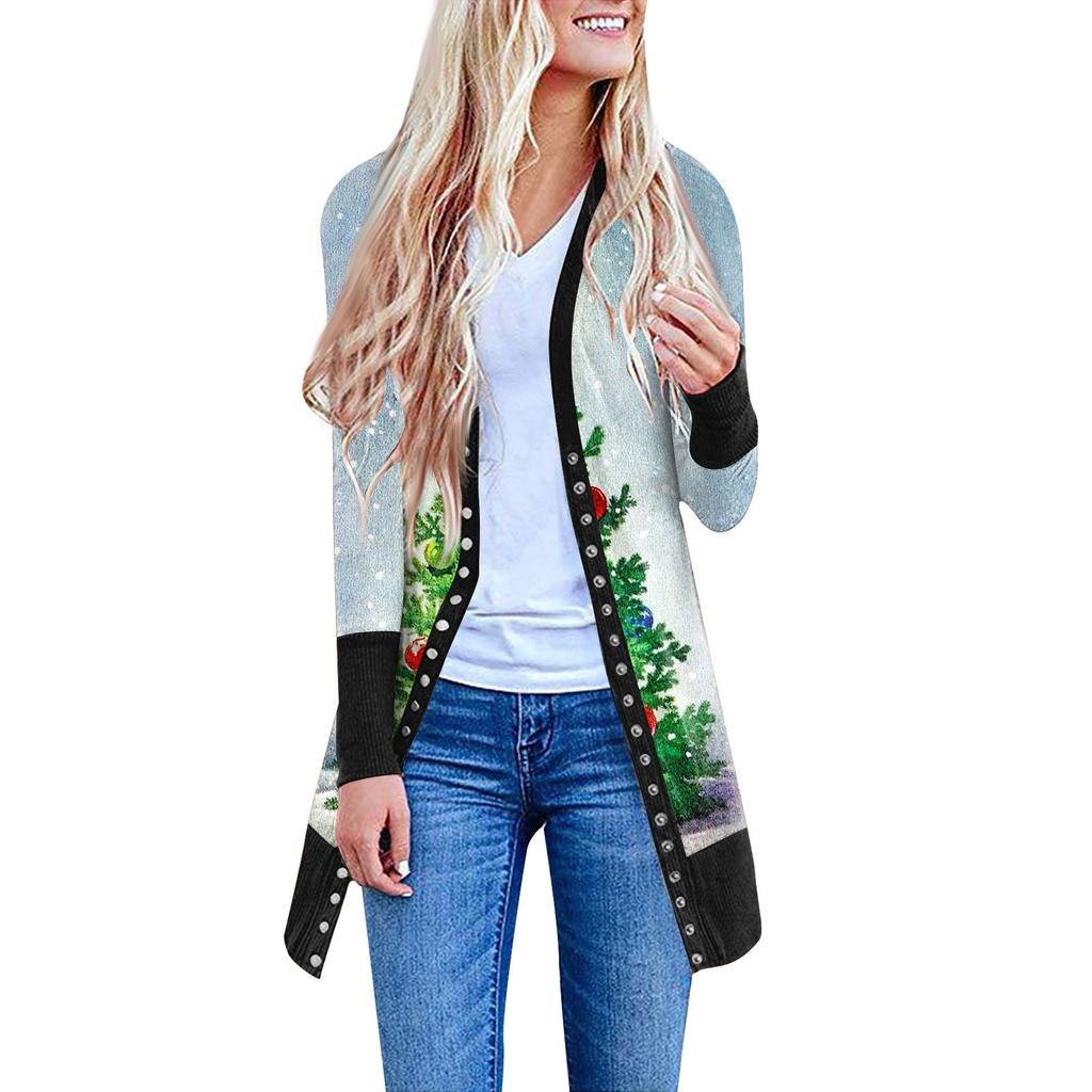 Женский повседневный кардиган с длинными рукавами и постепенным рождественским принтом, легкая куртка