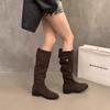 French Thick Heel Popular Suede Piled Boots Women's Shoes 2025 New Spring and Autumn Winter Versatile Thin Long Boots