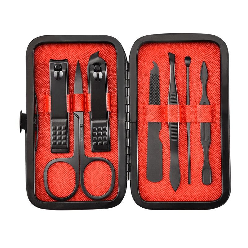 Red 18/15/12/7 Pcs Stainless Steel Black Nail Clipper Grooming Kit With Leather Travel Case Manicure Set
