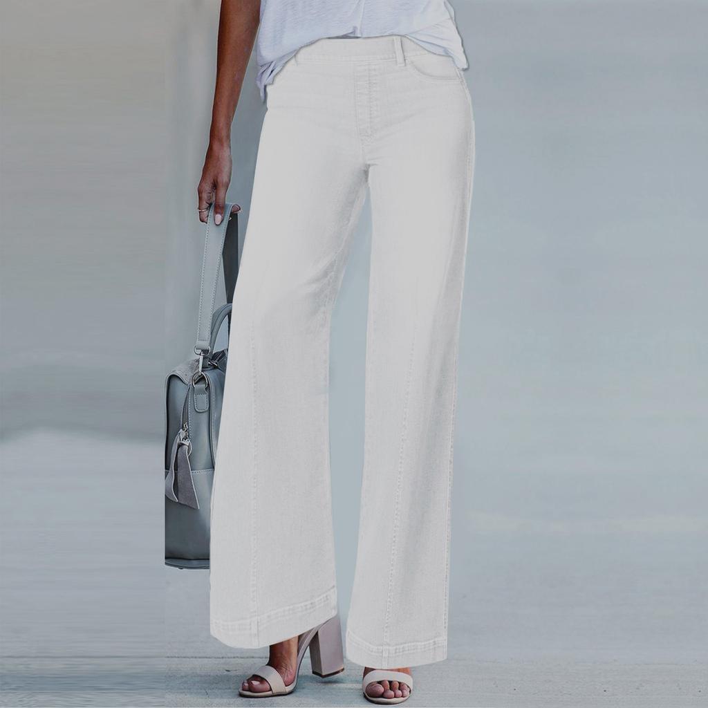 Women Seamed Front Wide Leg Jeans Elastic Waist Stretch Denim Flare Jeans High Waisted Jean Bell Bottom Jeans Lengthened