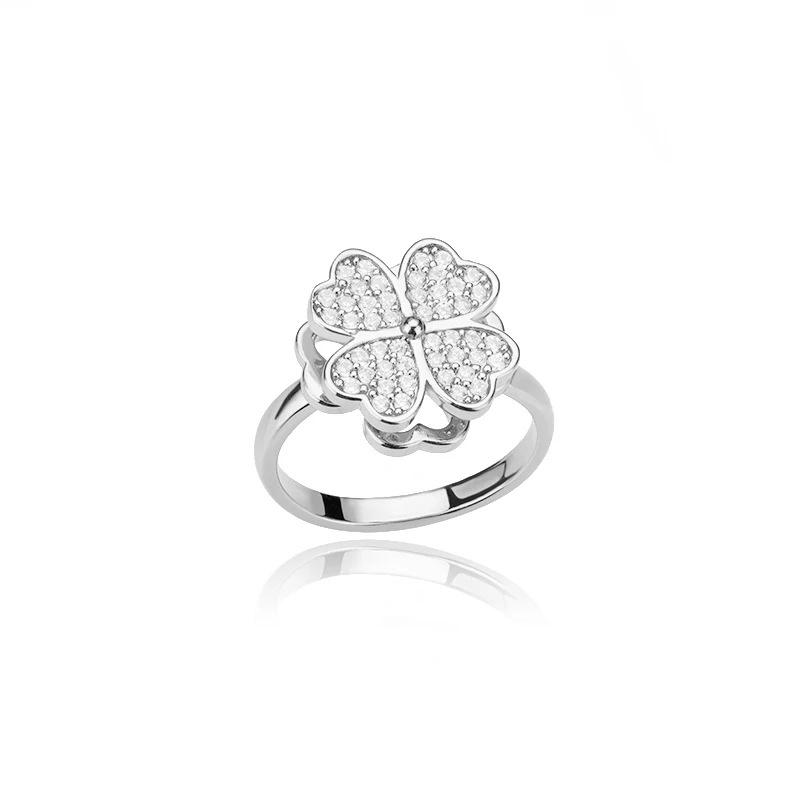 Rotatable Four-leaf Clover Love Zircon Flower Ring Creative Design Sense Free Rotation Anti-pressure Ring