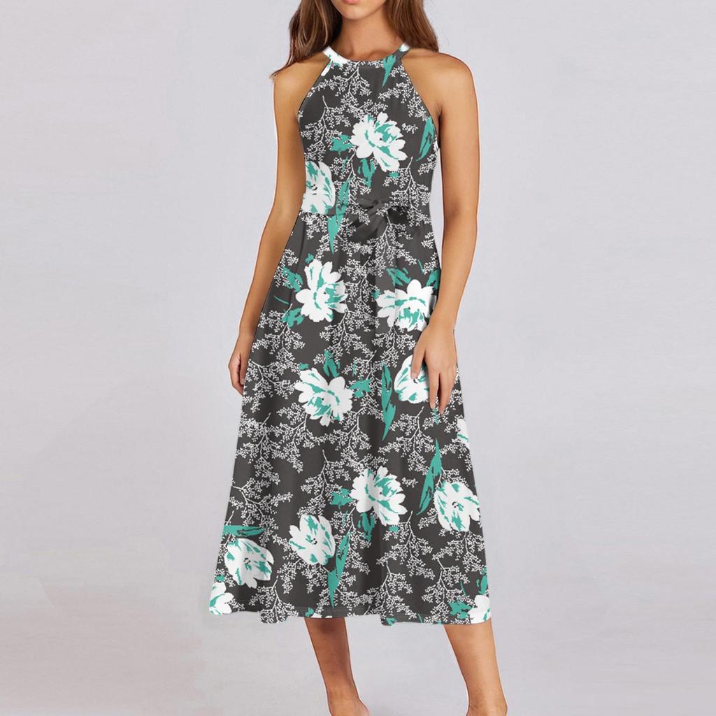 Женское повседневное платье миди с круглым вырезом, классическое, повседневное, без рукавов, свободное платье в стиле бохо с завязками, летний пляжный сарафан