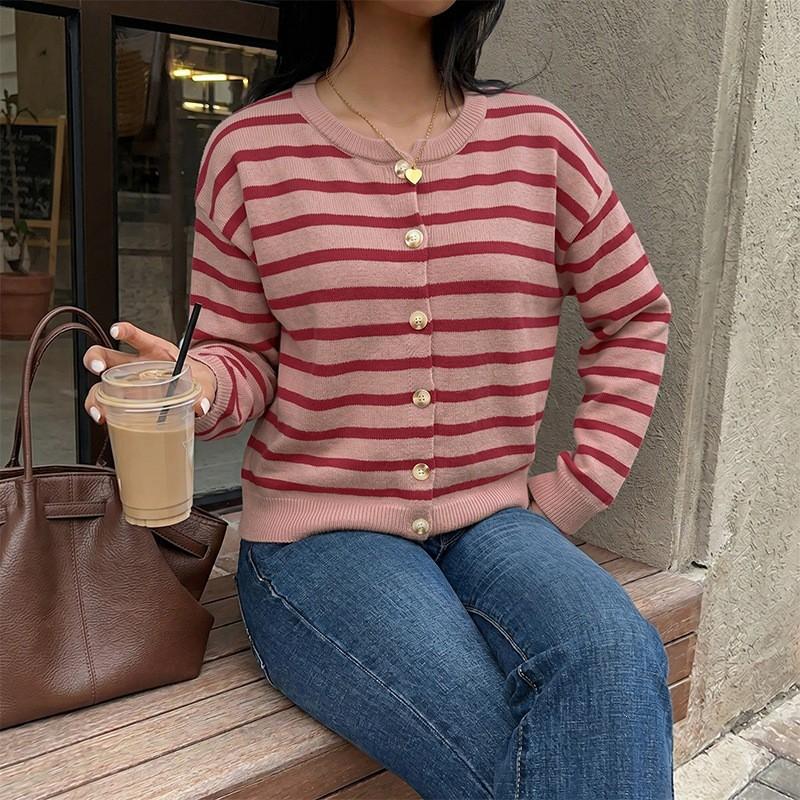Womens Long Sleeve Christmas Knit Cardigan Sweater Red Striped Casual Winter 2026