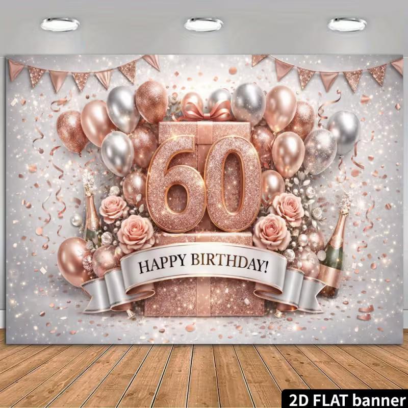 2D Rose Gold 60th Birthday Backdrop with Flowers & Gift Box Party Banner