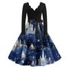 Women's Casual Fashion V-neck Long Sleeved Retro Christmas Print Retro Dress Autumn