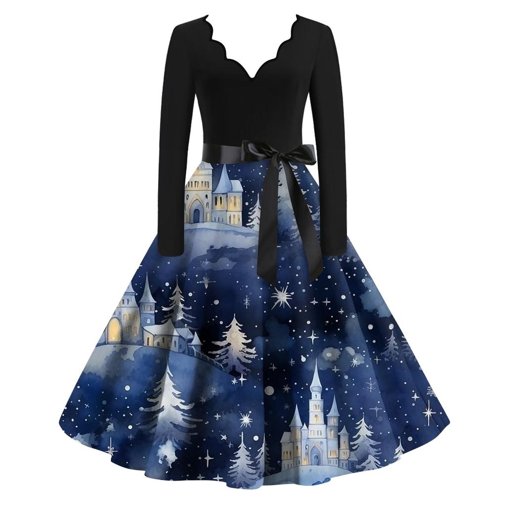 Women's Casual Fashion V-neck Long Sleeved Retro Christmas Print Retro Dress Autumn