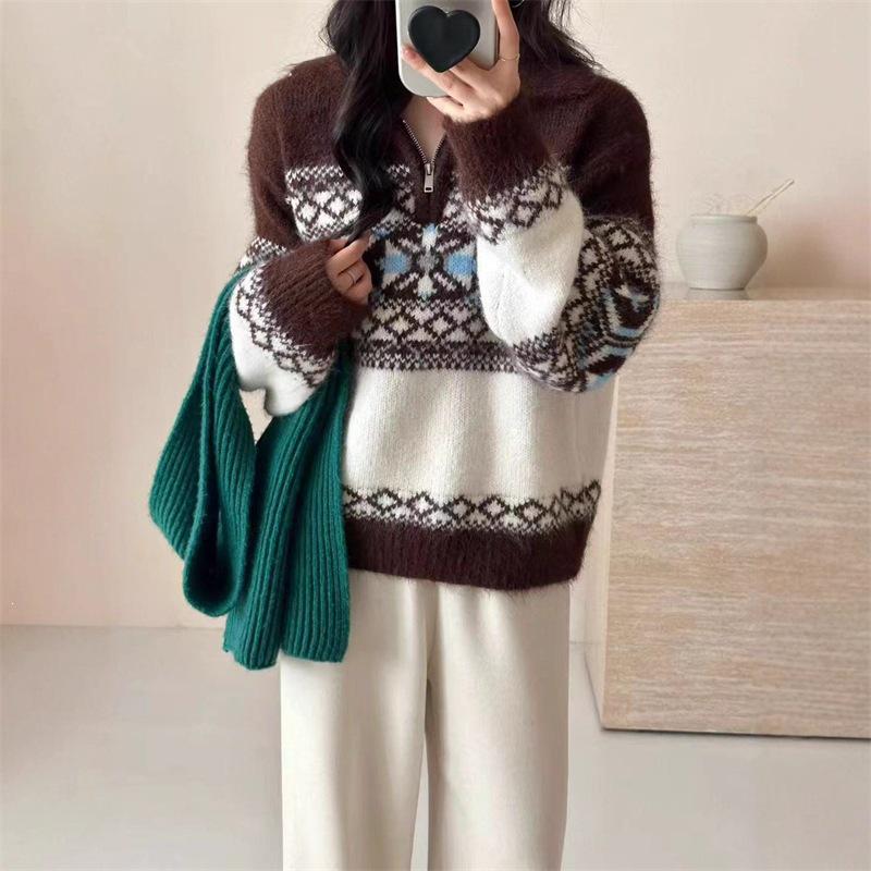 2026 Autumn/Winter Women's French Fair Isle Half-Zip Loose Knit Sweater
