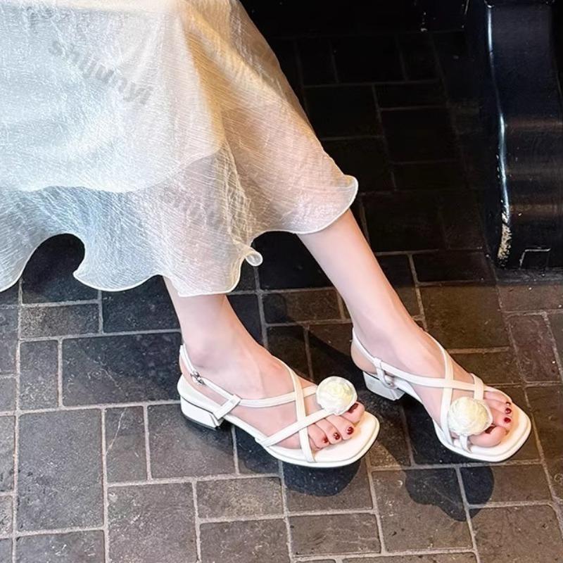 Модные женские туфли на высоком каблуке 2025 Лето Открытый мыс-клип Массивный каблук Модный ремешок с пряжкой-камелией Удобные босоножки для увеличения роста