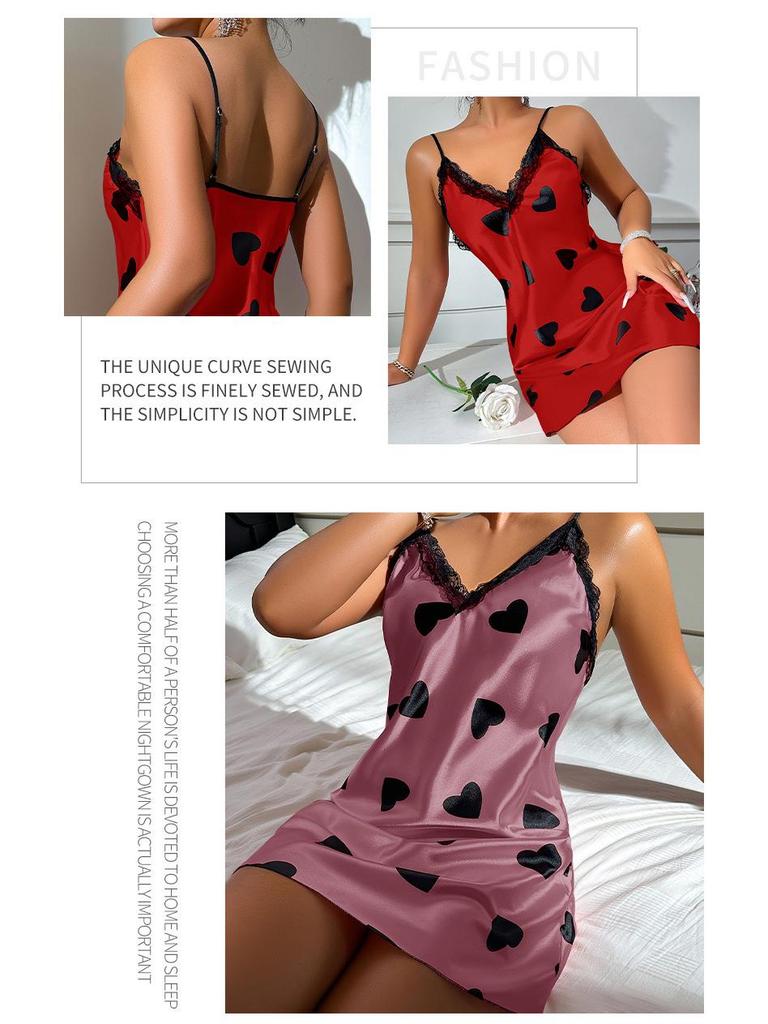 2024 Summer Ice Silk Nightdress: Sexy Backless Love Suspender Skirt for Home. Printed Breathable Short Skirt.