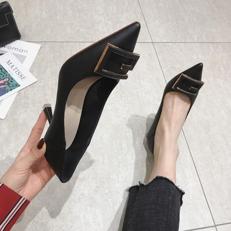7-1 женские туфли-одинарки на осень и зиму, наступающие на каблук, квадратная пряжка, острый тонкий каблук, мягкая кожа, туфли на высоком каблуке 7,55,5 см, толстый каблук