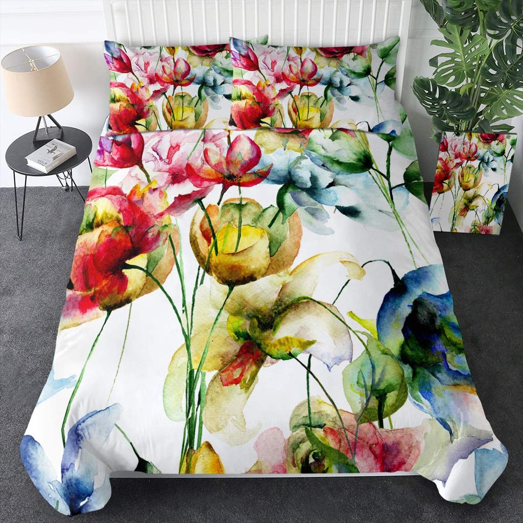 Shabby Chic Floral Duvet Cover Set Vintage Rose Butterfly Pattern Watercolor Flowers Bedding Set 2/3pcs,Botanical Comforter Sets