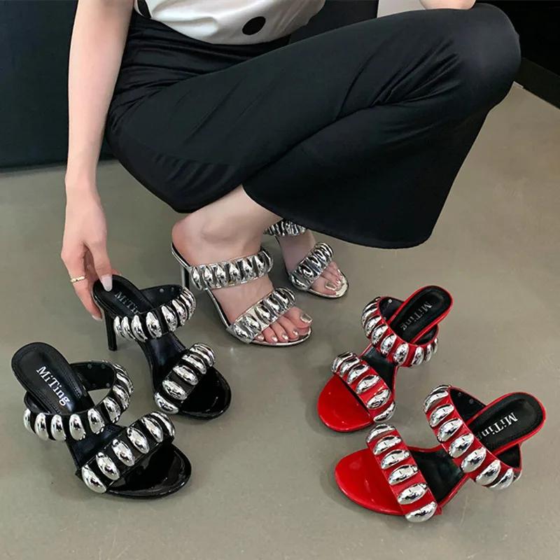 Fashion Luxury Metal Decorative Mules Slippers Women Summer Sexy Open Toe Elegant Thin High Heels Pumps Patent Leather Slide Sandals