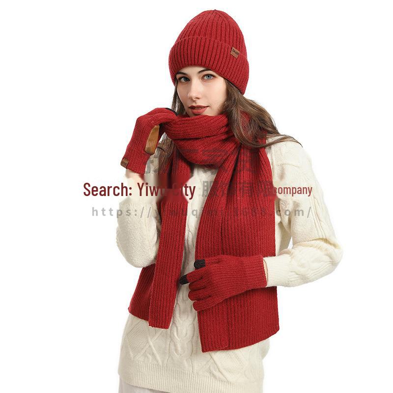 Зимний комплект из трех предметов: шерстяная шапка, шарф и кожаные перчатки в европейском и американском стиле для женщин — нескользящий