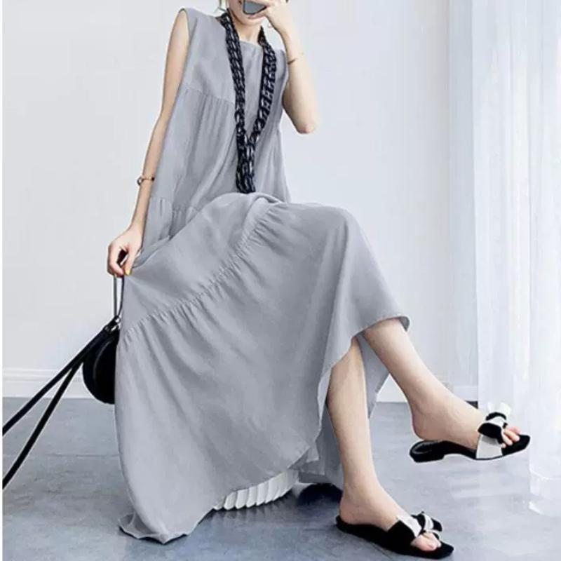 Stylish Women's Tiered Sundress Solid Summer Dress Casual Sleeveless O-neck Robe Oversized Dress