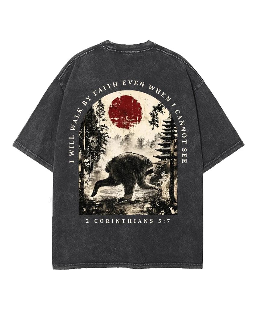 2 Corinthians 5:7 Raccoon Walk By Faith Christian Graphic Vintage Washed T Shirt Unisex Oversized Short Sleeve Tee Casual Tops