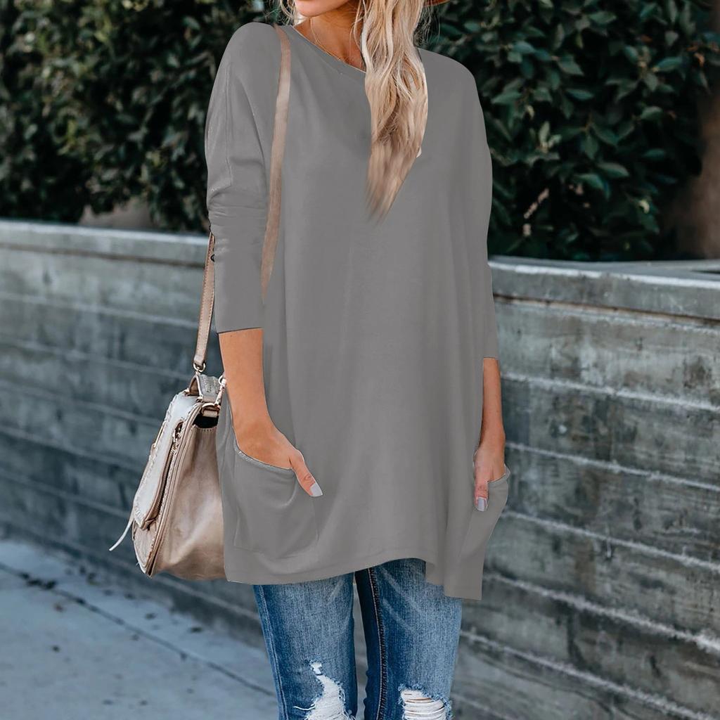 Women's Solid Color O-neck Long Sleeve T-shirt Pocket Size Top