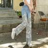 Women's Lace Patchwork Jeans Summer Straight Slim Retro Casual Pants