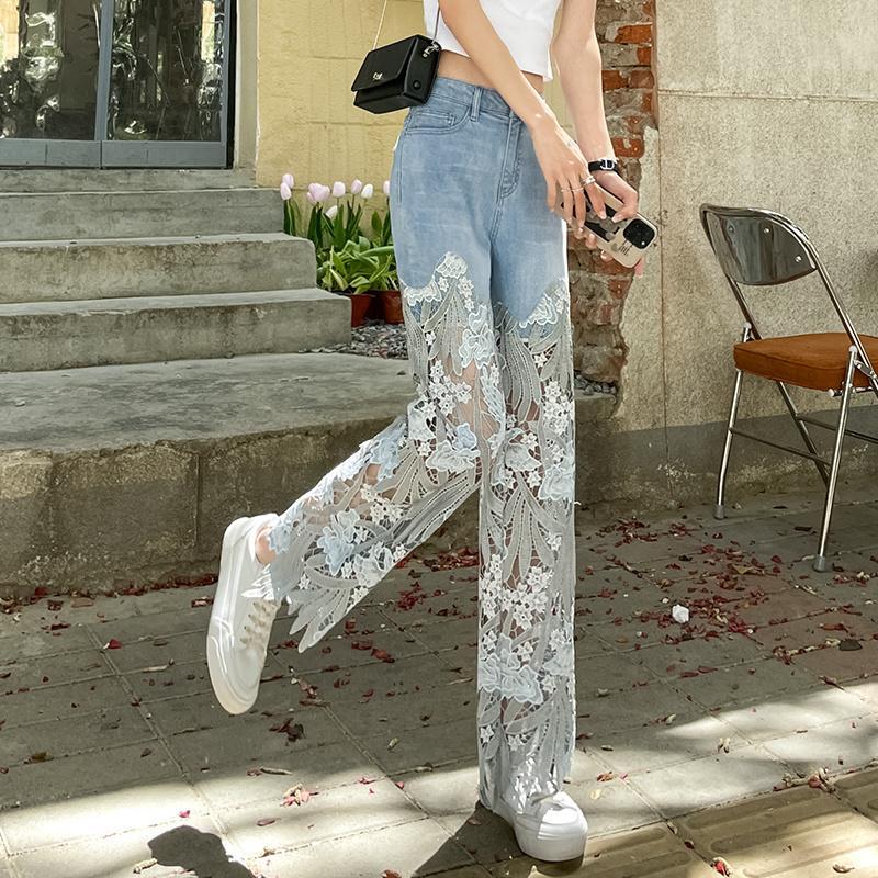 Women's Lace Patchwork Jeans Summer Straight Slim Retro Casual Pants